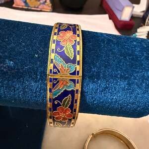Vintage Cloisonne Butterfly and Floral Hinged Bangle Bracelet